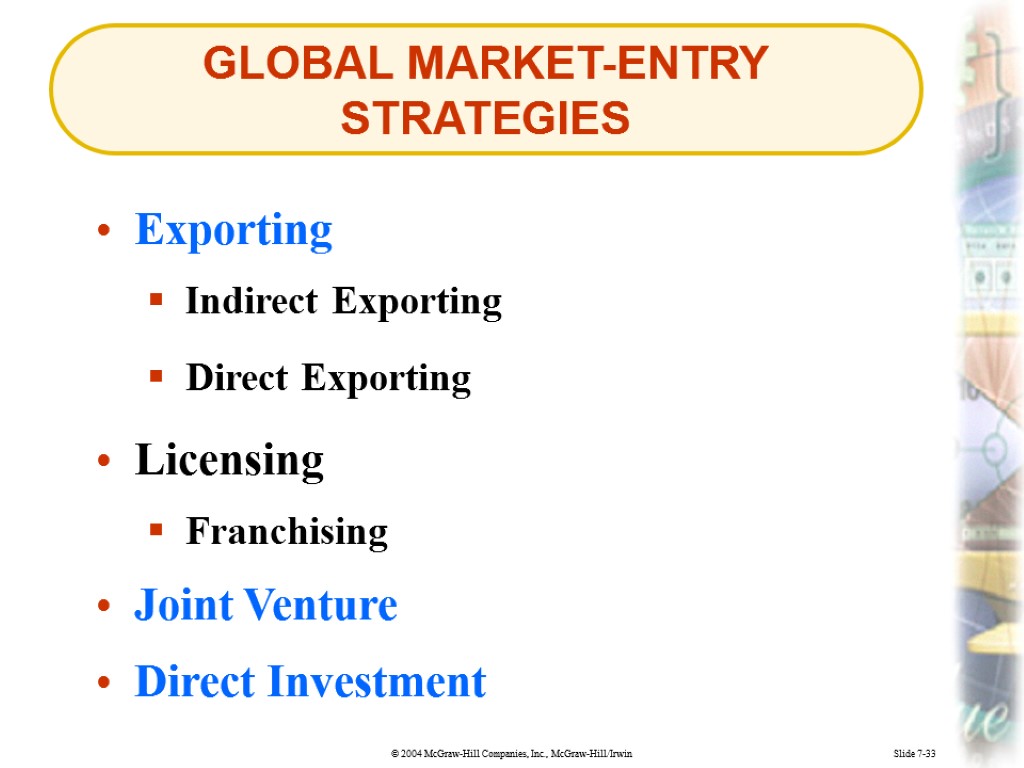 GLOBAL MARKET-ENTRY STRATEGIES Slide 7-33 Exporting Indirect Exporting Direct Exporting Licensing Joint Venture Direct